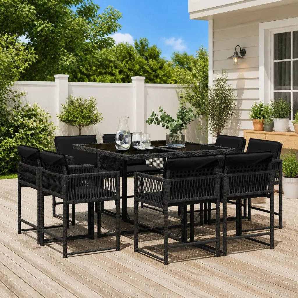 9 Piece Outdoor Garden Dining Set with Cushions Black Poly Rattan Patio