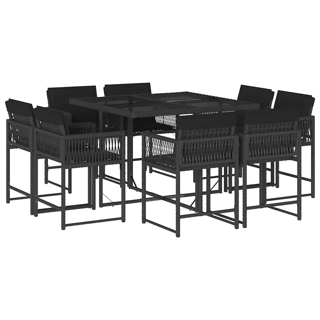 9 Piece Outdoor Garden Dining Set with Cushions Black Poly Rattan Patio