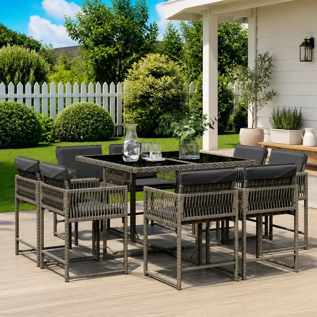 9 Piece Garden Dining Set Outdoor Use Grey Poly Rattan Patio Table Chairs