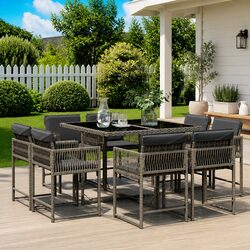 9 Piece Garden Dining Set Grey Poly Rattan Outdoor Furniture Patio Table Chairs