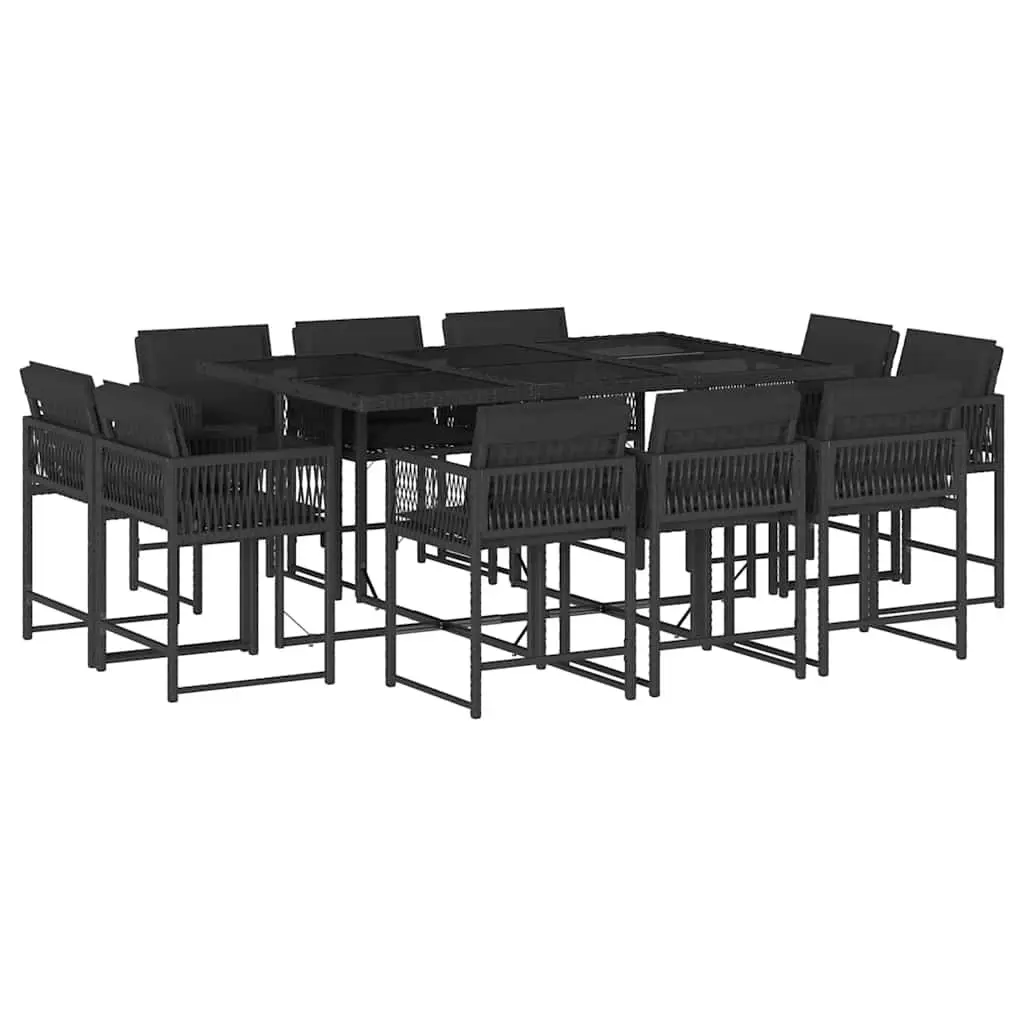 11 Piece Outdoor Dining Set for Garden Patio Black Poly Rattan with Cushions