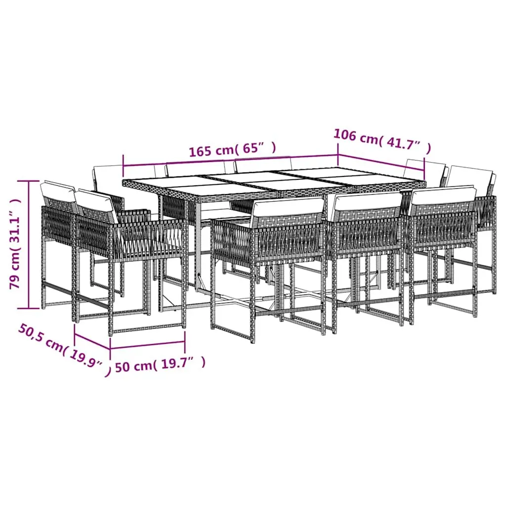 11 Piece Outdoor Dining Set for Garden Patio Black Poly Rattan with Cushions