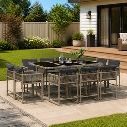 Garden Dining Set Specs: 11 Pieces, Grey Poly Rattan Chairs