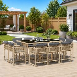 11 Piece Garden Dining Set – PE Poly Rattan, Glass Top