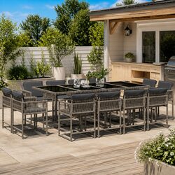 13 Piece Garden Dining Set Grey Poly Rattan Outdoor Furniture Cushions Glass