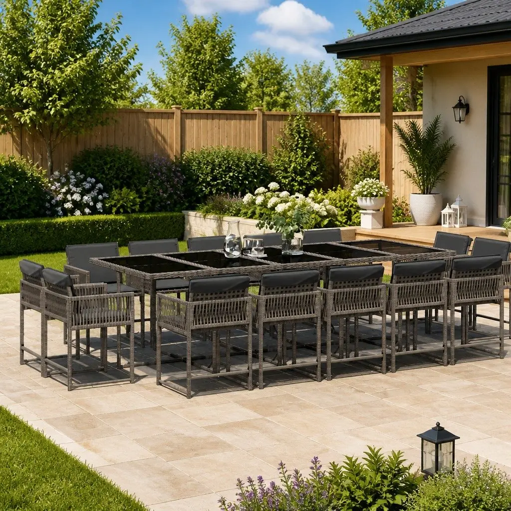 15 Piece Garden Dining Set Outdoor Use Grey Poly Rattan Chairs Table