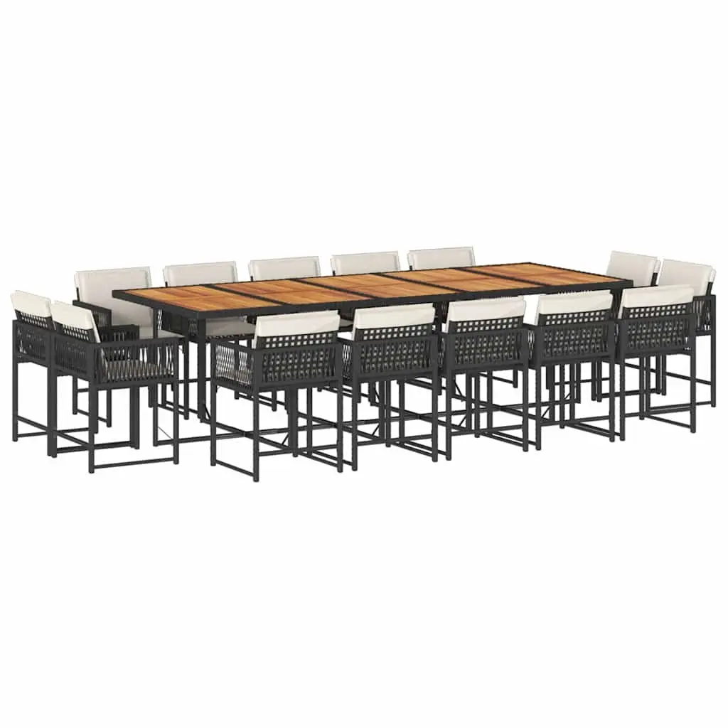 Garden Dining Set 15 Piece Black Poly Rattan Chairs Table Cushions Outdoor