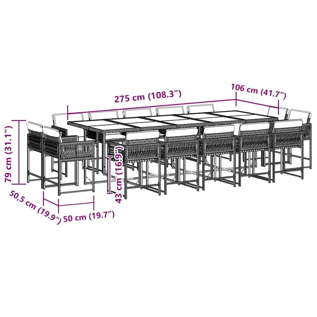Garden Dining Set 15 Piece Black Poly Rattan Chairs Table Cushions Outdoor