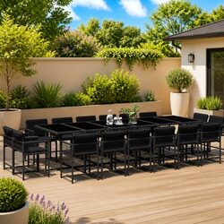 17 Piece Outdoor Garden Dining Set Black Poly Rattan Chairs Table Cushions