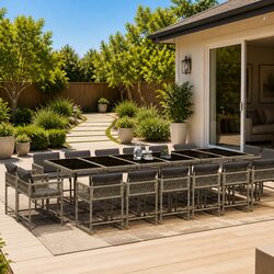 17 Piece Grey Outdoor Dining Set - PE Rattan & Glass