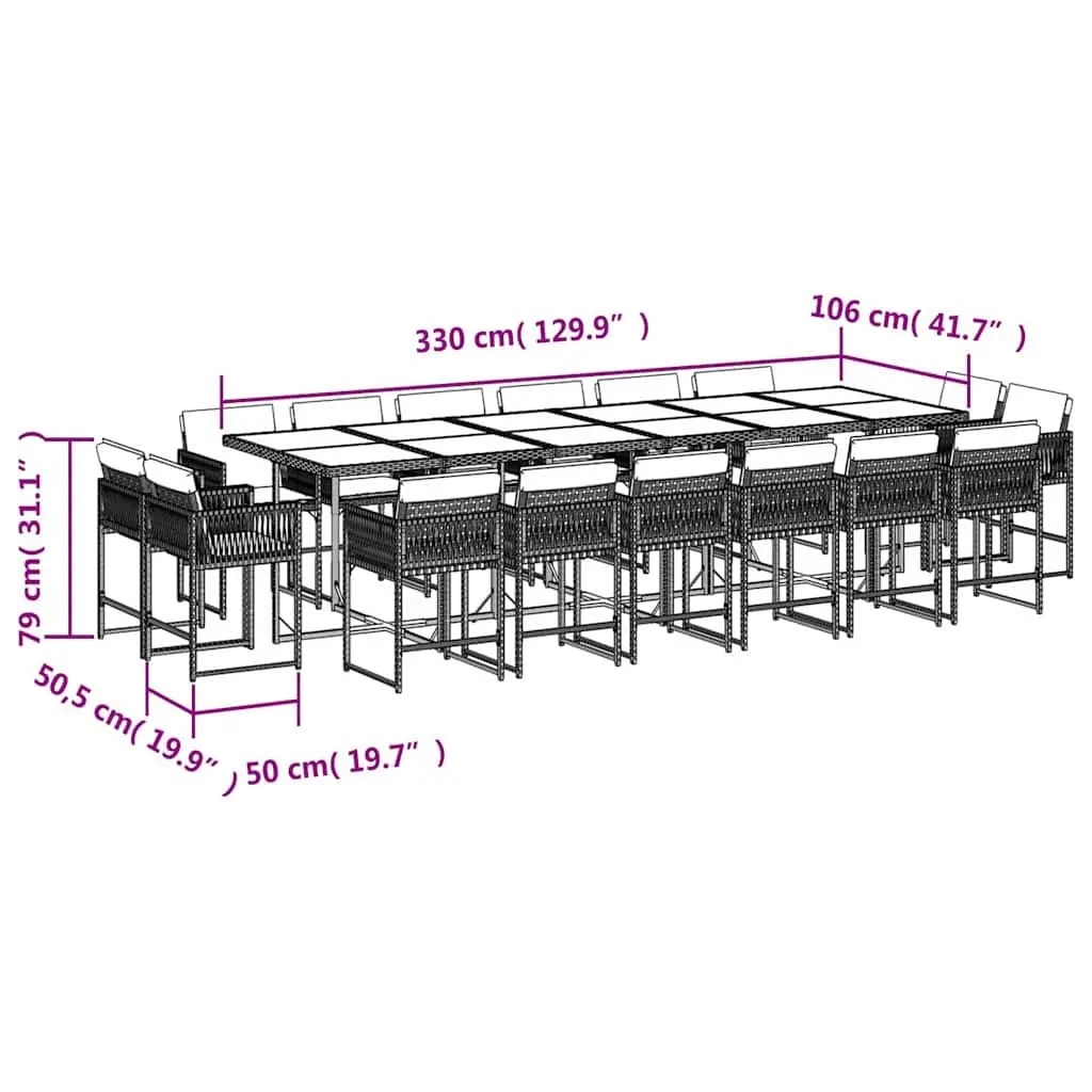 Outdoor Dining Set 17 Piece Grey Rattan Chairs and Glass Table for Patio Garden