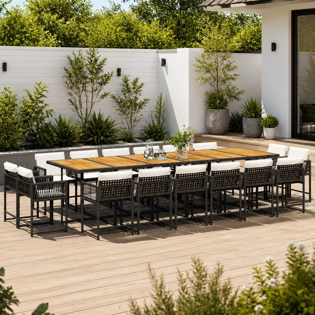 17 Piece Outdoor Garden Dining Set for Patio and Backyard with Black Poly Rattan Chairs and Cushions