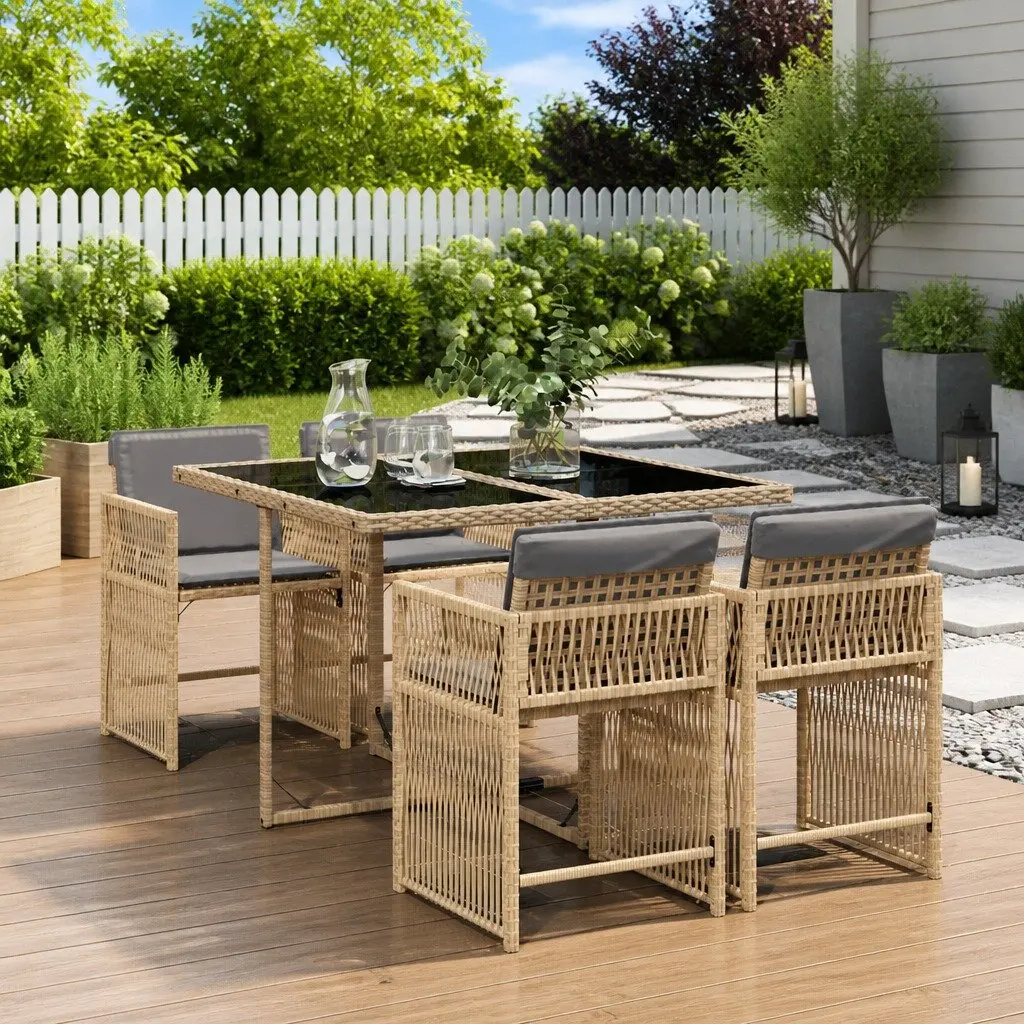 5 Piece Garden Dining Set Outdoor Use Beige PE Rattan Chairs Tempered Glass Table