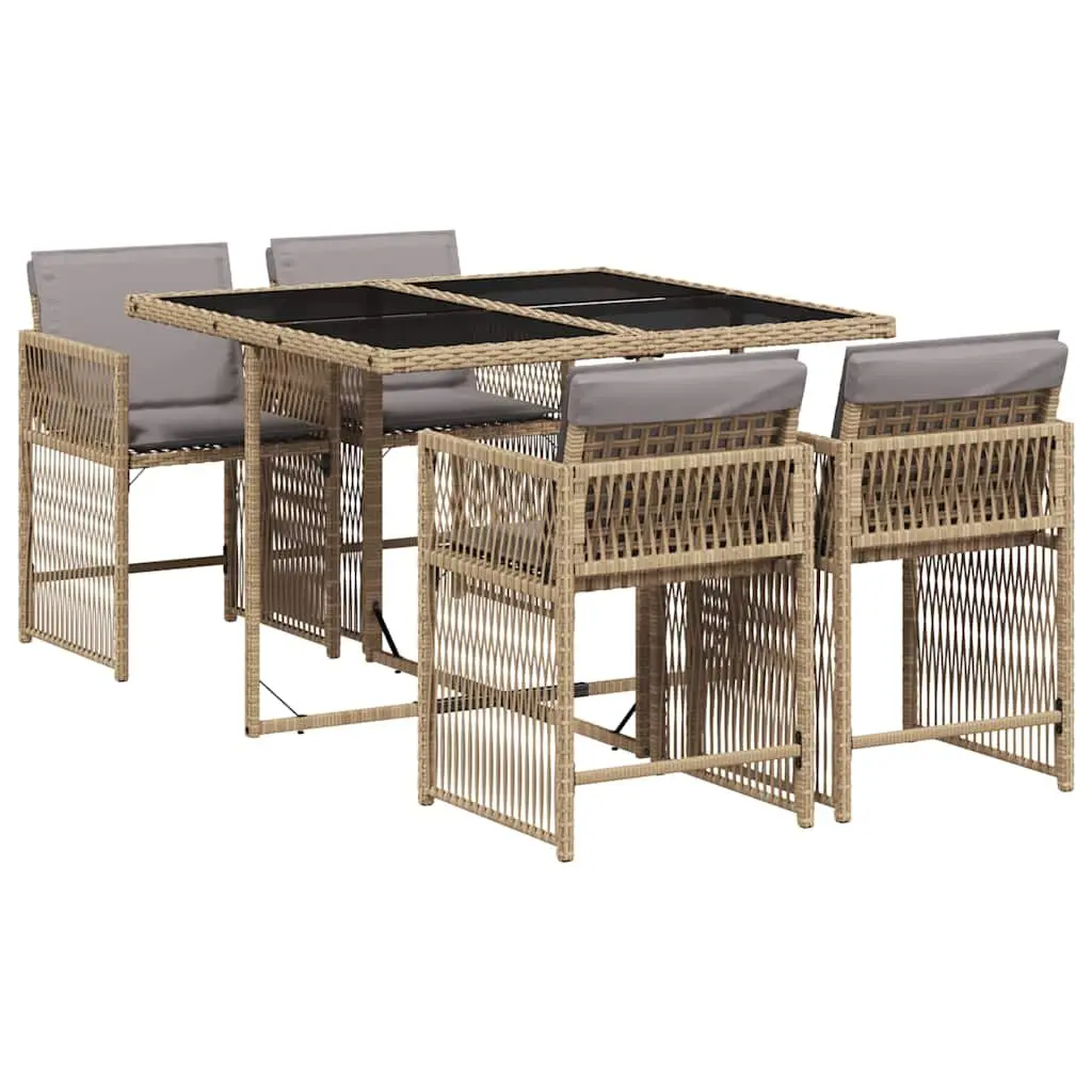 5 Piece Garden Dining Set Outdoor Use Beige PE Rattan Chairs Tempered Glass Table