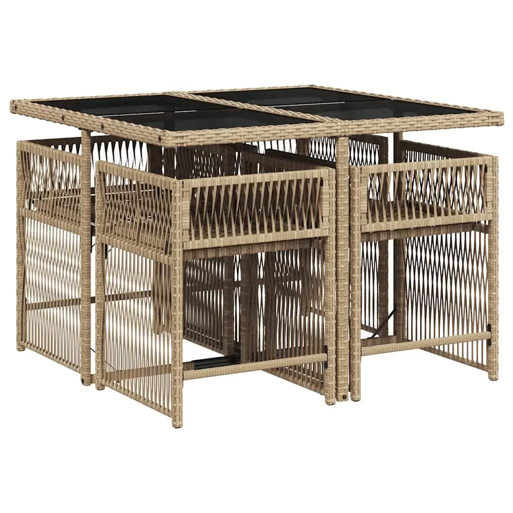 5 Piece Garden Dining Set Outdoor Use Beige PE Rattan Chairs Tempered Glass Table