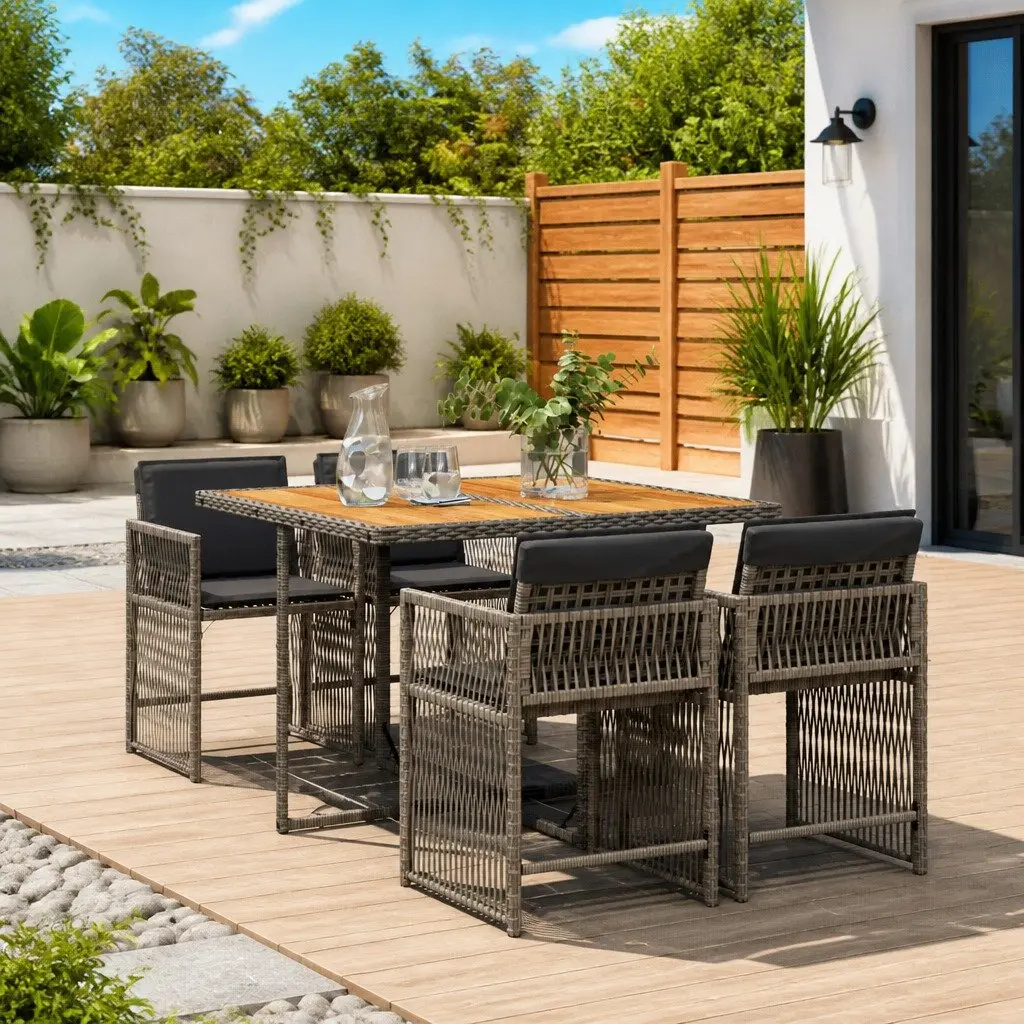 Outdoor Dining Set Garden Furniture 5 Piece Grey Poly Rattan with Cushions