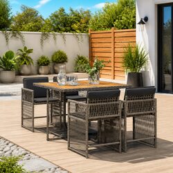 5 Piece Garden Dining Set: Grey Poly Rattan and Acacia Wood