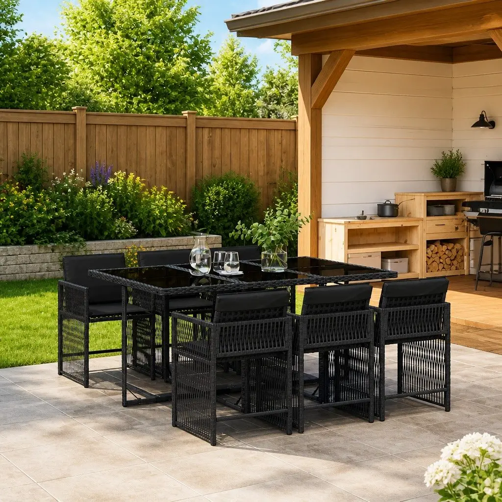 Outdoor Dining Set Black 7 Piece Poly Rattan Garden Furniture with Cushions