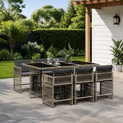 Garden Dining Set: 7 Pieces, Grey Poly Rattan & Glass