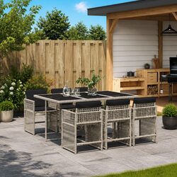 7 Piece Garden Dining Set: PE Rattan & Glass Table