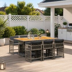 7 Piece Garden Dining Set: Grey Poly Rattan, Acacia Wood Table