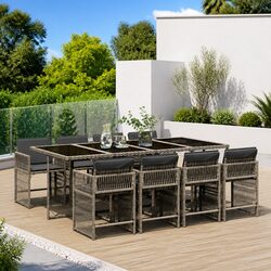 Garden Dining Set 9 Piece Grey Poly Rattan Outdoor Furniture with Cushions