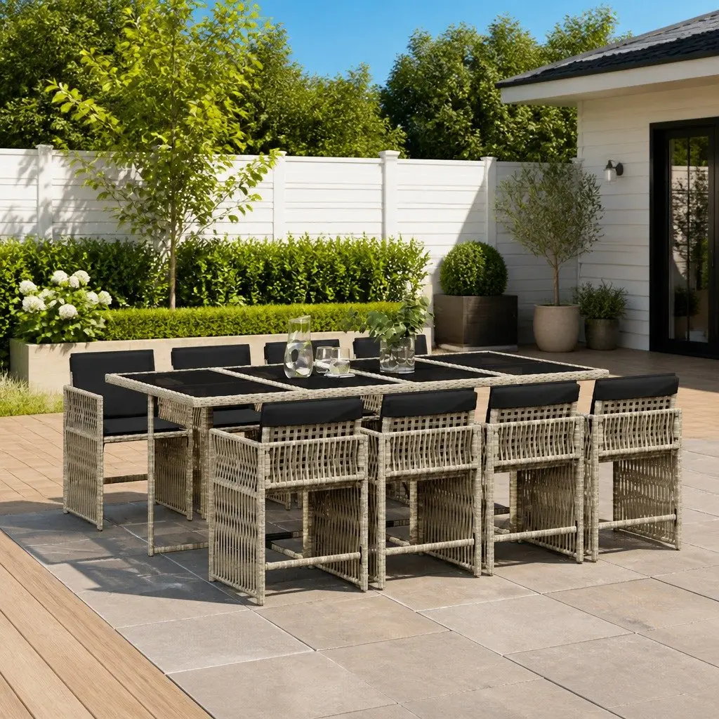 Garden Dining Set 9 Piece Outdoor Furniture Grey Poly Rattan Chairs Table