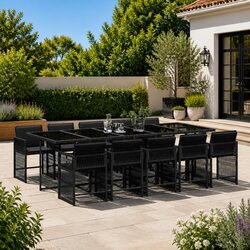 11 Piece Garden Dining Set: Black Poly Rattan Details