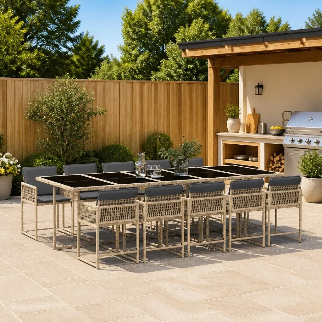 Garden Dining Set 11 Piece Outdoor Furniture Poly Rattan Beige Patio Chairs