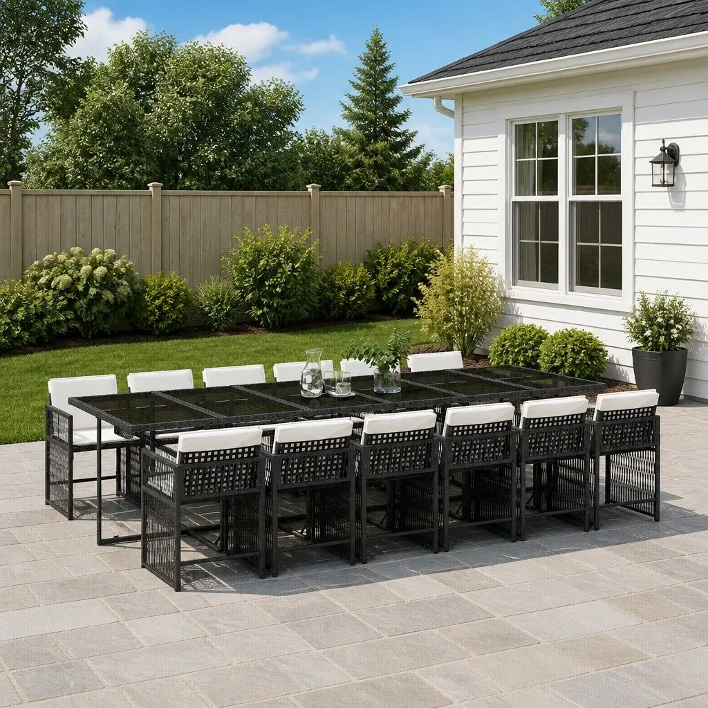 Garden Dining Set 13 Piece Outdoor Furniture for Patio and Garden Black Poly Rattan with Cushions
