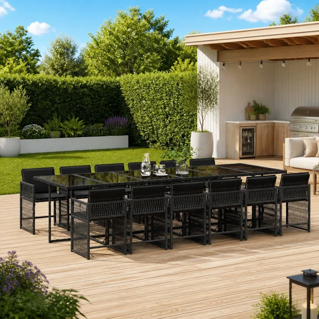 Garden Dining Set 13 Piece Black Poly Rattan Table Chairs Cushions for Outdoor Use