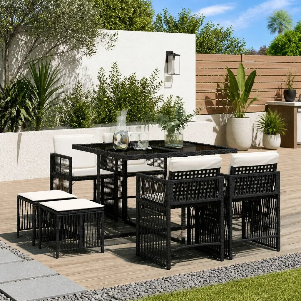 9 Piece Garden Dining Set with Black Rattan Frame