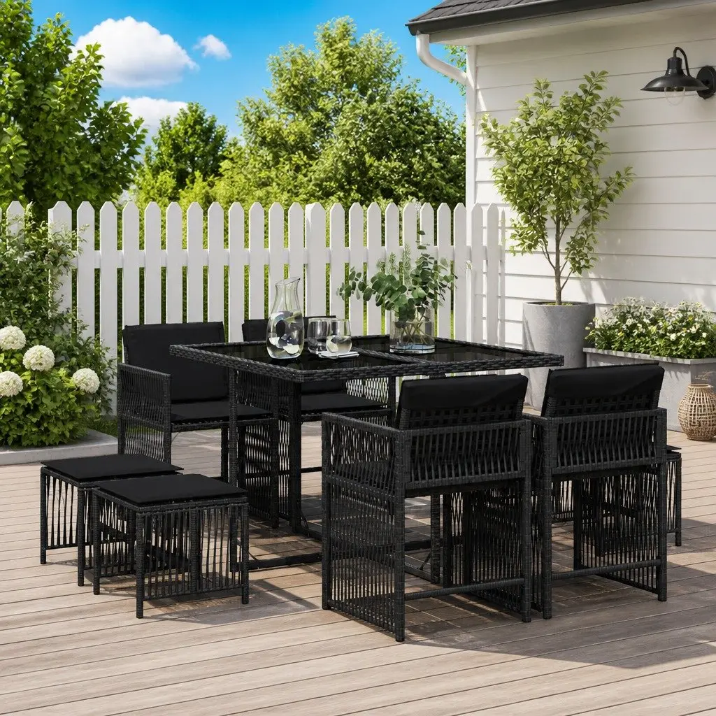 9 Piece Outdoor Garden Dining Set Patio Use Black Poly Rattan Chairs Table with Cushions