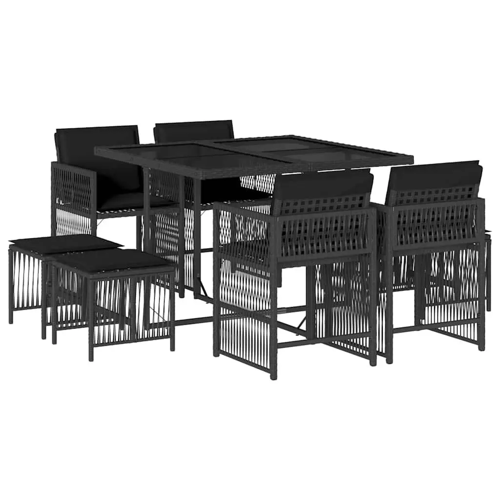 9 Piece Outdoor Garden Dining Set Patio Use Black Poly Rattan Chairs Table with Cushions