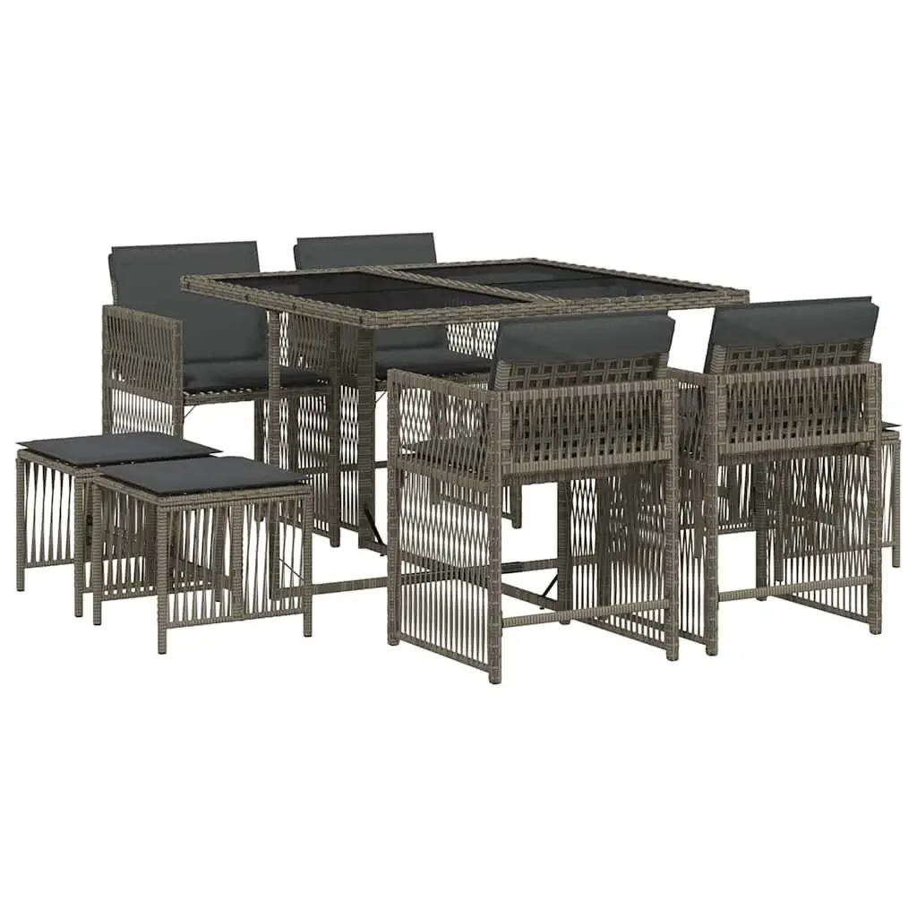 Outdoor Dining Set 9 Piece Garden Patio Furniture Grey Poly Rattan with Cushions