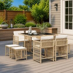 9 Piece Garden Dining Set Outdoor Furniture Beige Poly Rattan with Cushions