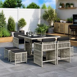 9 Piece Outdoor Dining Set - Grey Poly Rattan Furniture