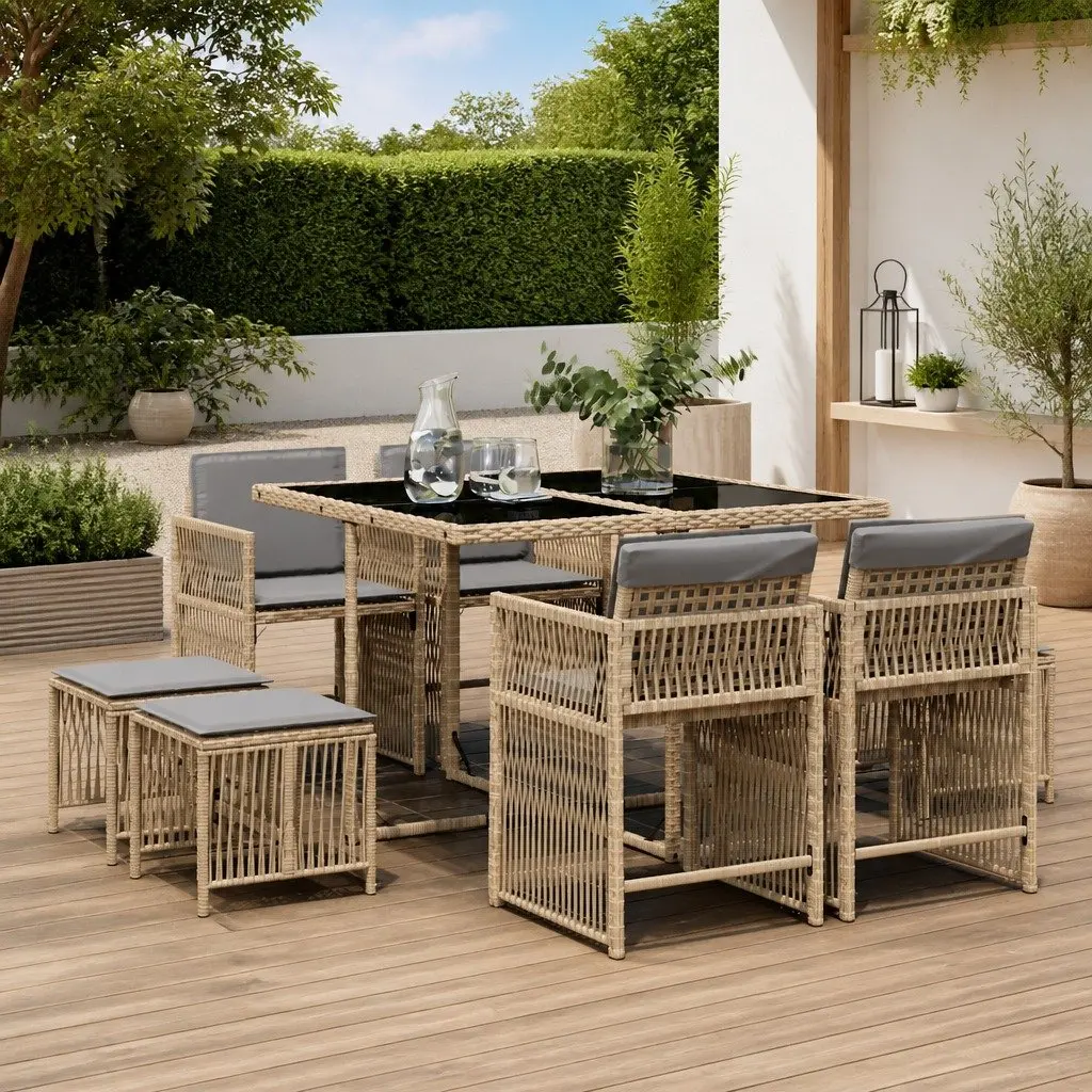 9 Piece Garden Dining Set Outdoor Furniture with Cushions Beige Poly Rattan