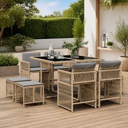 9 Piece Garden Dining Set Outdoor Furniture with Cushions Beige Poly Rattan