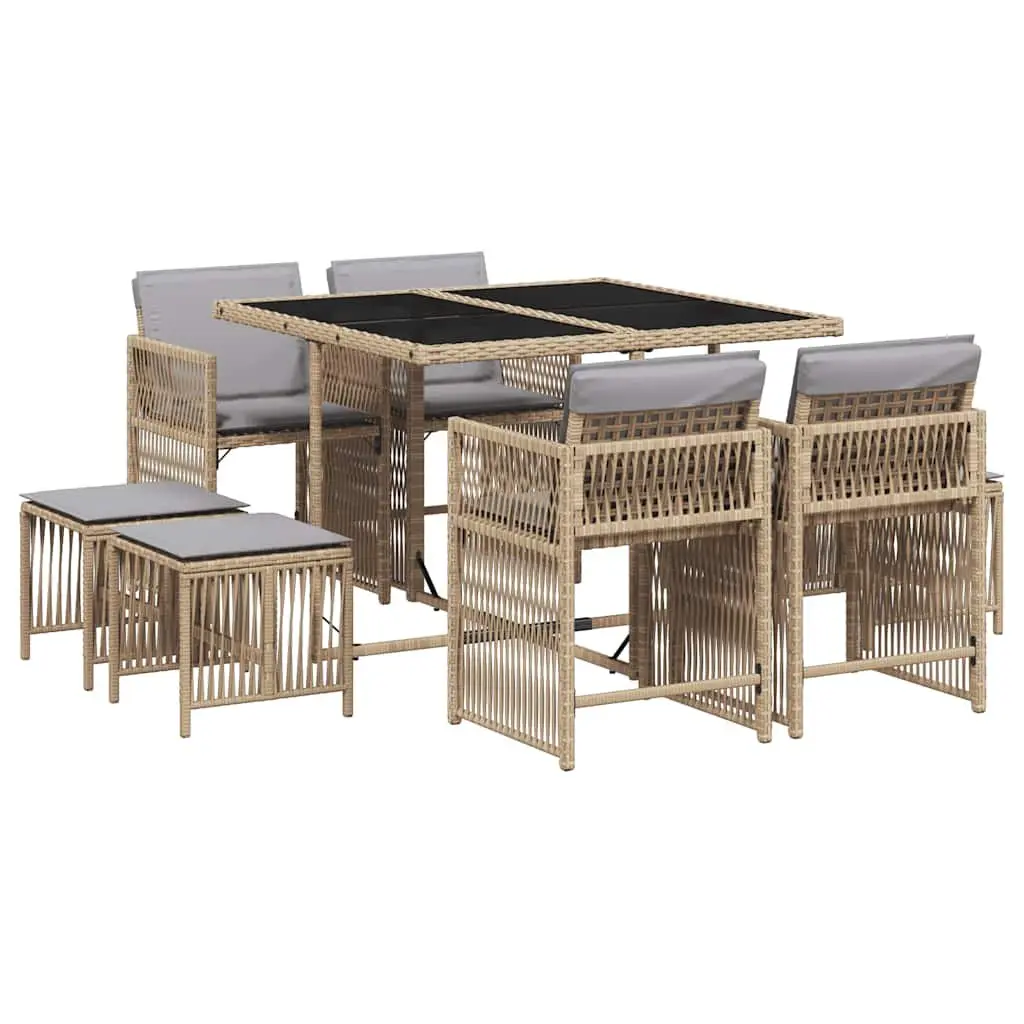 9 Piece Garden Dining Set Outdoor Furniture with Cushions Beige Poly Rattan