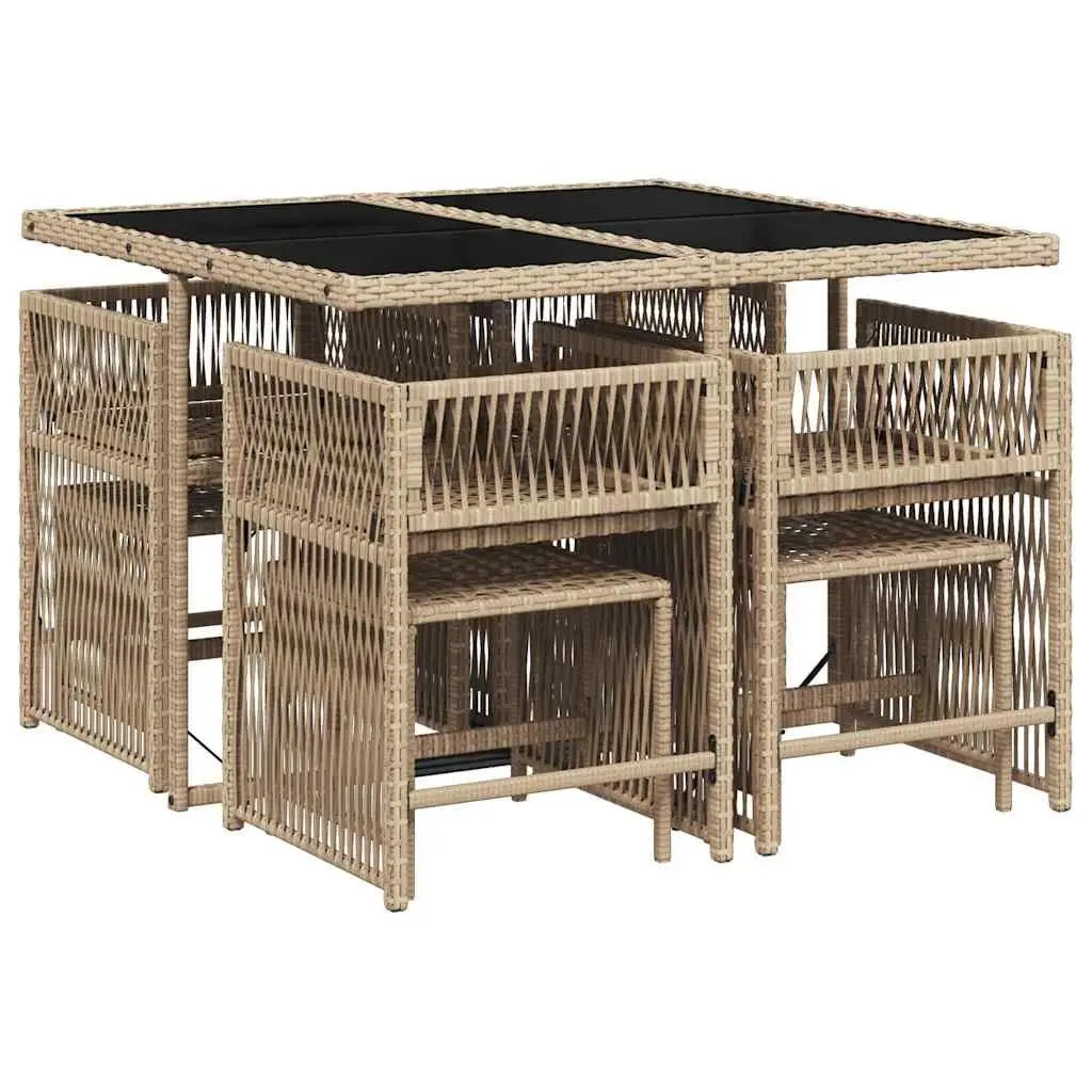 9 Piece Garden Dining Set Outdoor Furniture with Cushions Beige Poly Rattan