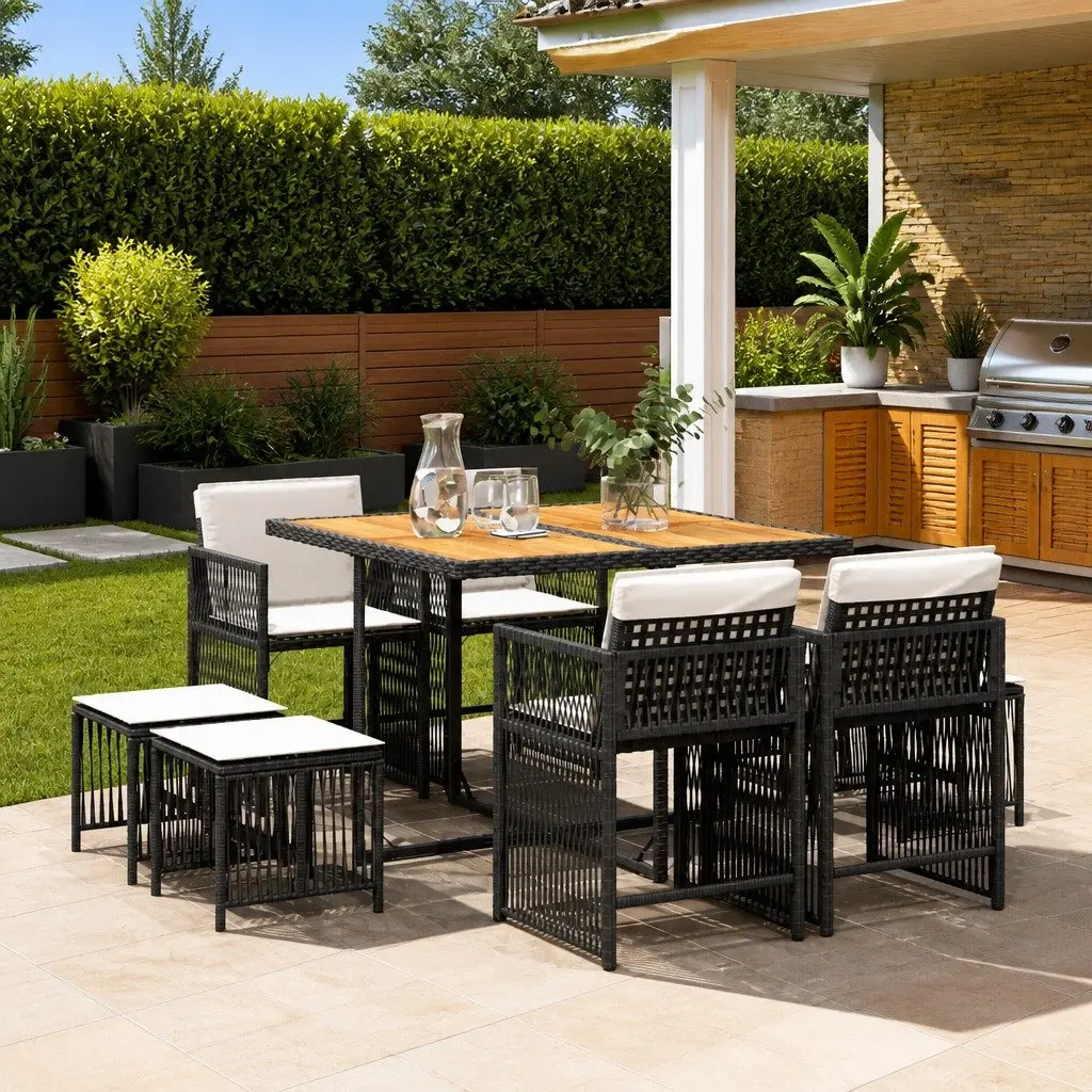 9 Piece Outdoor Dining Set Patio Garden Furniture Poly Rattan Table and Chairs with Cushions