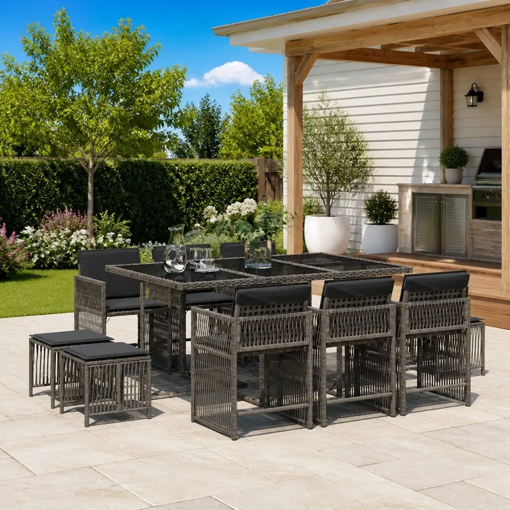 Garden Dining Set 11 Piece Outdoor Furniture Grey Poly Rattan Cushions Glass Top