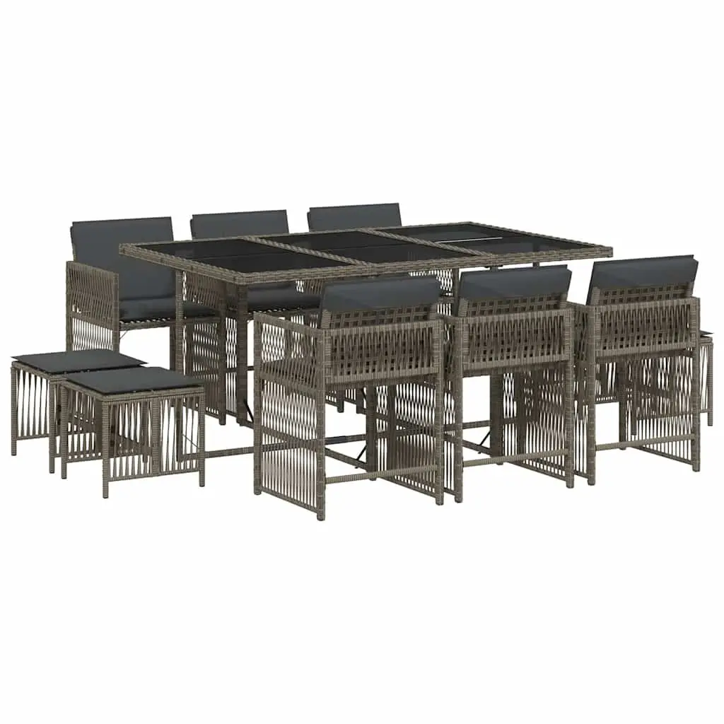 Garden Dining Set 11 Piece Outdoor Furniture Grey Poly Rattan Cushions Glass Top