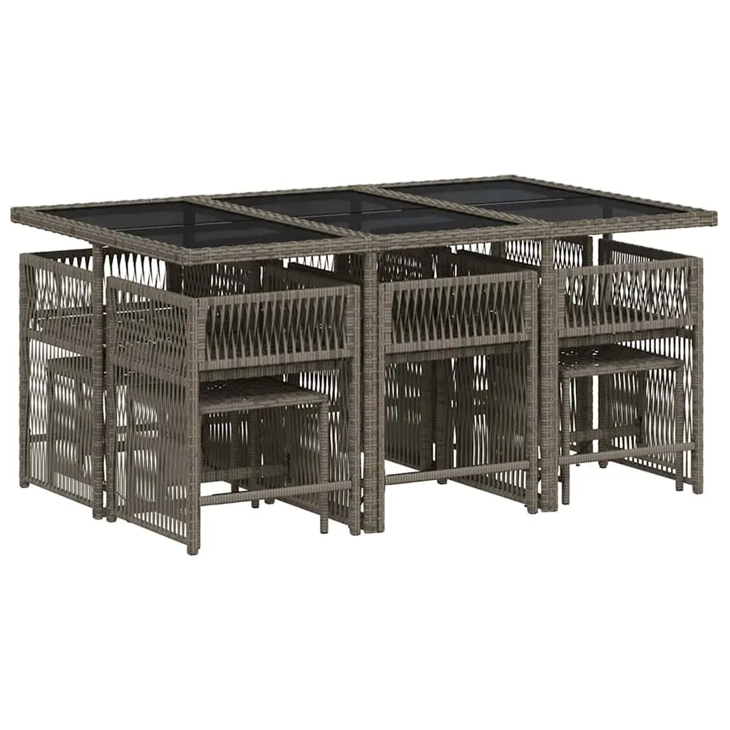 Garden Dining Set 11 Piece Outdoor Furniture Grey Poly Rattan Cushions Glass Top