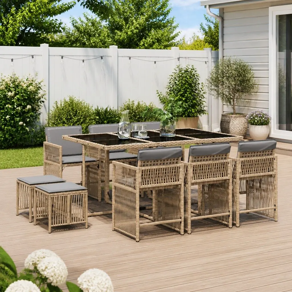 11 Piece Garden Dining Set Outdoor Use Beige Poly Rattan Cushions Glass Top Table