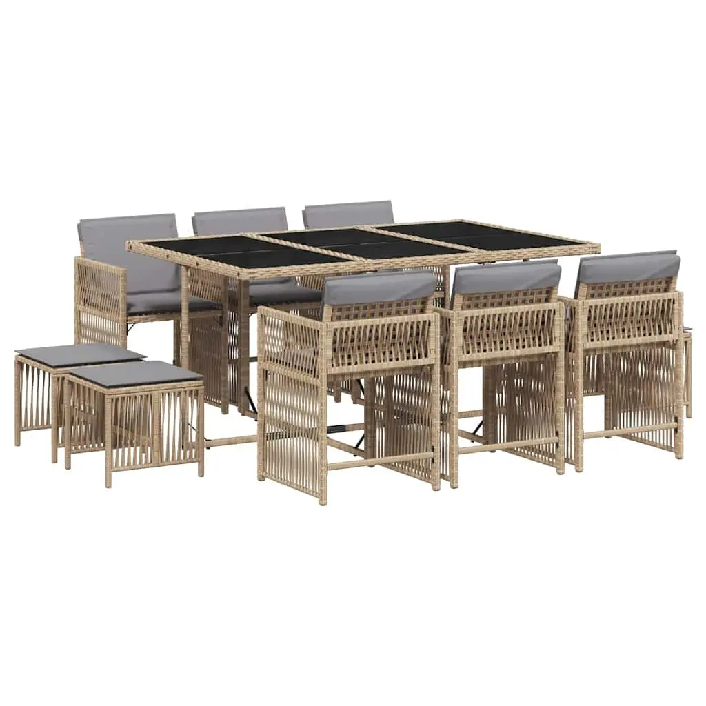 11 Piece Garden Dining Set Outdoor Use Beige Poly Rattan Cushions Glass Top Table