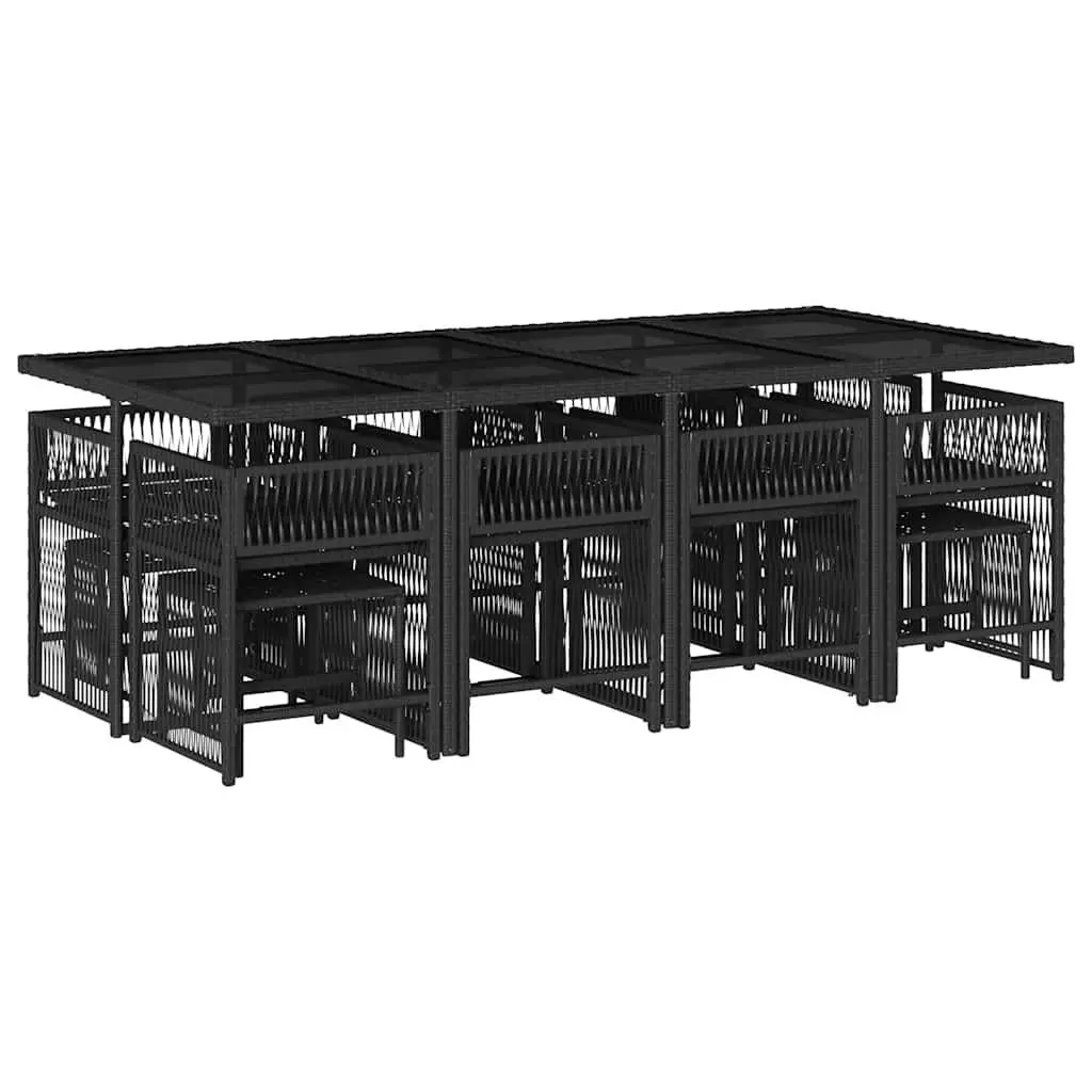 Outdoor Furniture Dining Set 13 Pieces Black Poly Rattan for Patio or Garden with Foldable Chairs and Tempered Glass Top