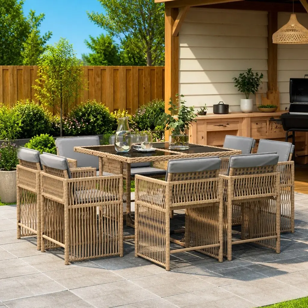 9 Piece Outdoor Garden Dining Set Beige Poly Rattan Chairs Table Cushions Patio