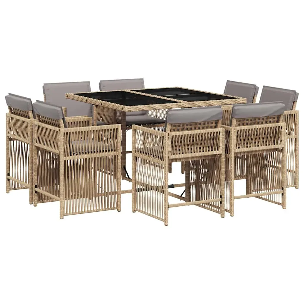 9 Piece Outdoor Garden Dining Set Beige Poly Rattan Chairs Table Cushions Patio